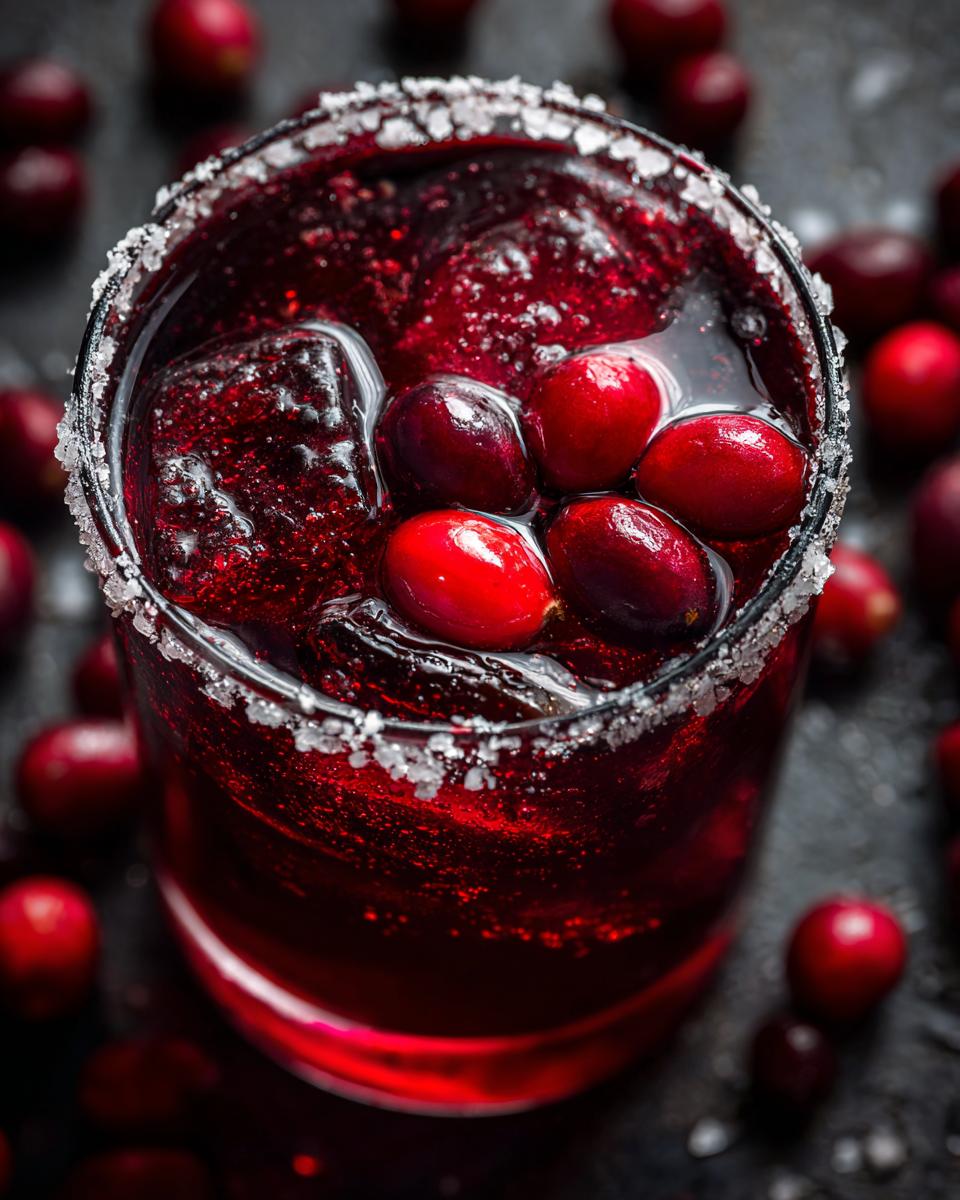 A close-up of a cranberry pomegranate margarita with fresh cranberries and a salt-rimmed glass.