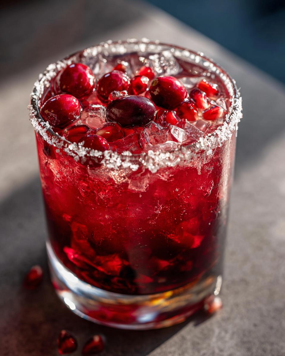 A close-up of a festive Cranberry Pomegranate Margarita, garnished with fresh cranberries and pomegranate seeds, with a sugar rim.