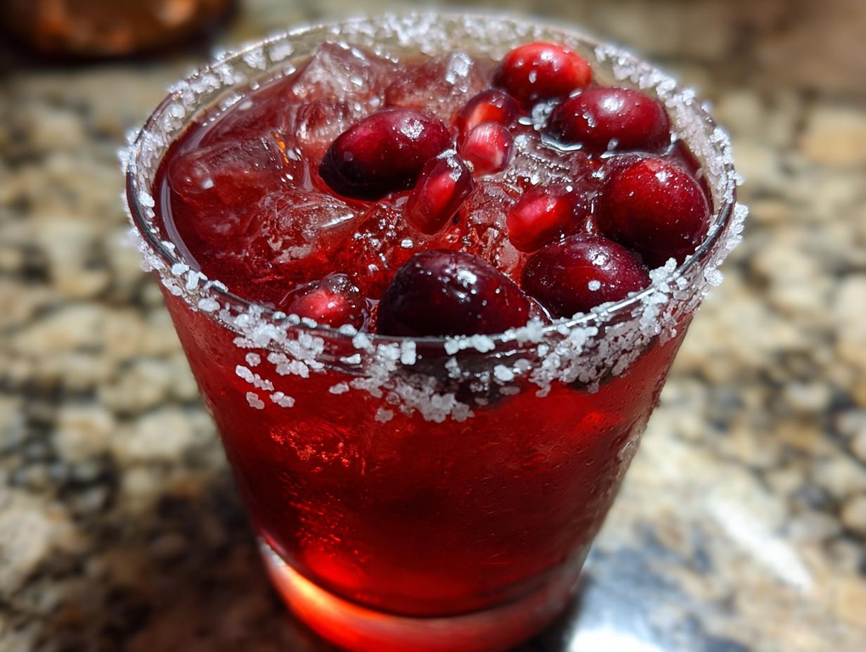 A close-up of a festive Cranberry Pomegranate Margarita, garnished with fresh cranberries and pomegranate seeds, with a salt-rimmed glass.
