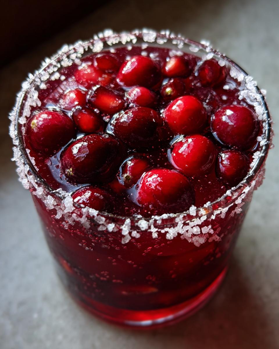 A close-up of a festive cranberry pomegranate margarita, rimmed with sugar and filled with fresh cranberries and pomegranate seeds.
