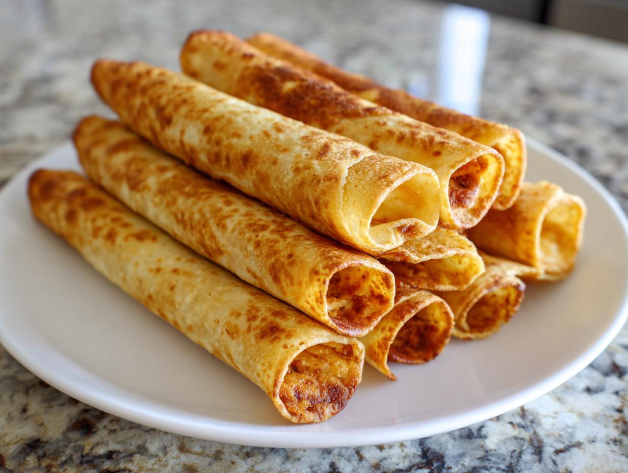 A stack of golden, crispy cream cheese chicken taquitos served on a white plate.