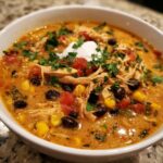 A close-up of a bowl of creamy chicken tortilla soup, topped with sour cream, cilantro, and diced tomatoes.