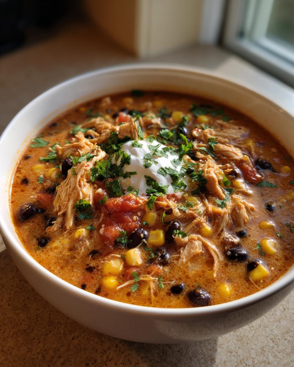 A close-up of a bowl of creamy chicken tortilla soup, topped with sour cream and cilantro.