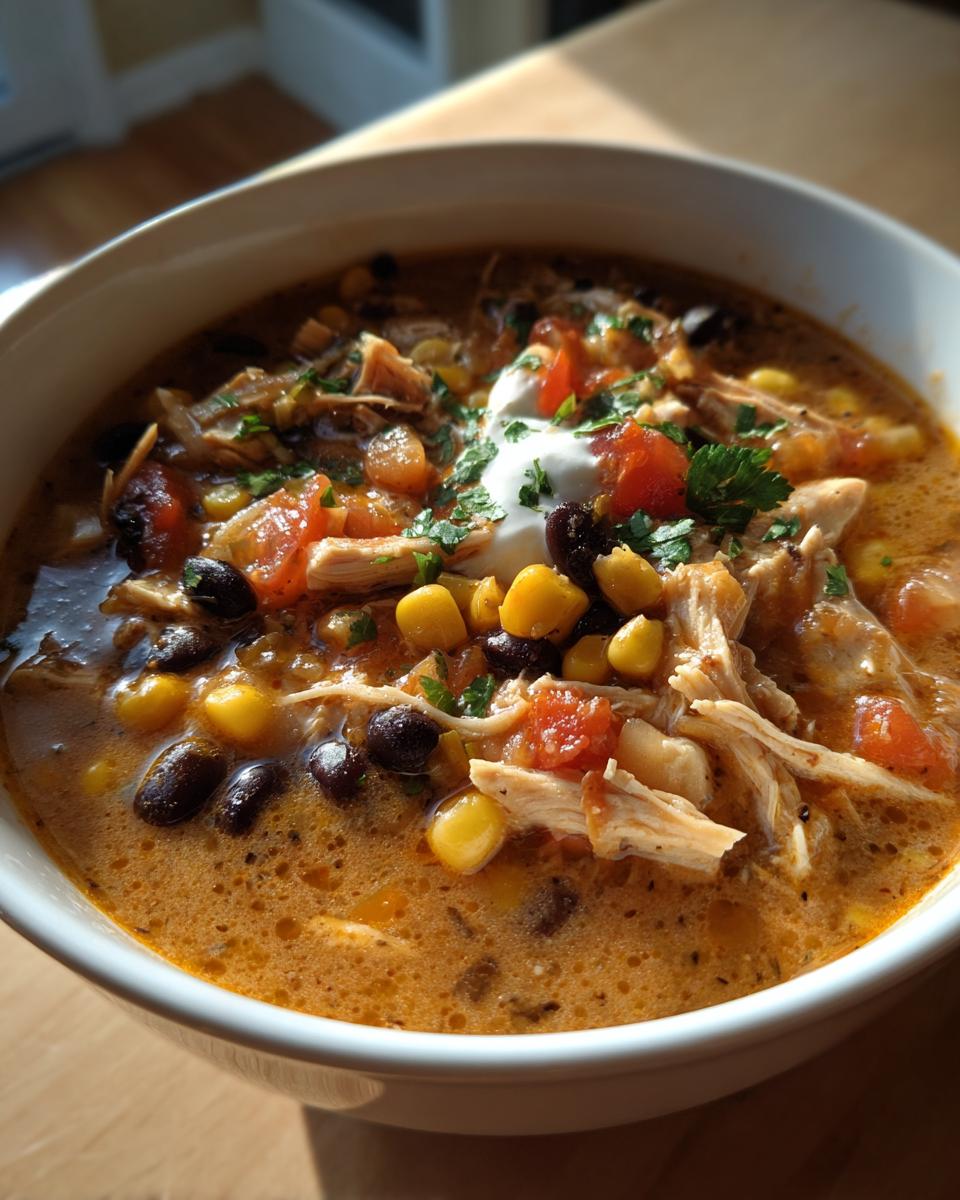 A close-up of a bowl of creamy chicken tortilla soup, topped with sour cream, cilantro, corn, and black beans.