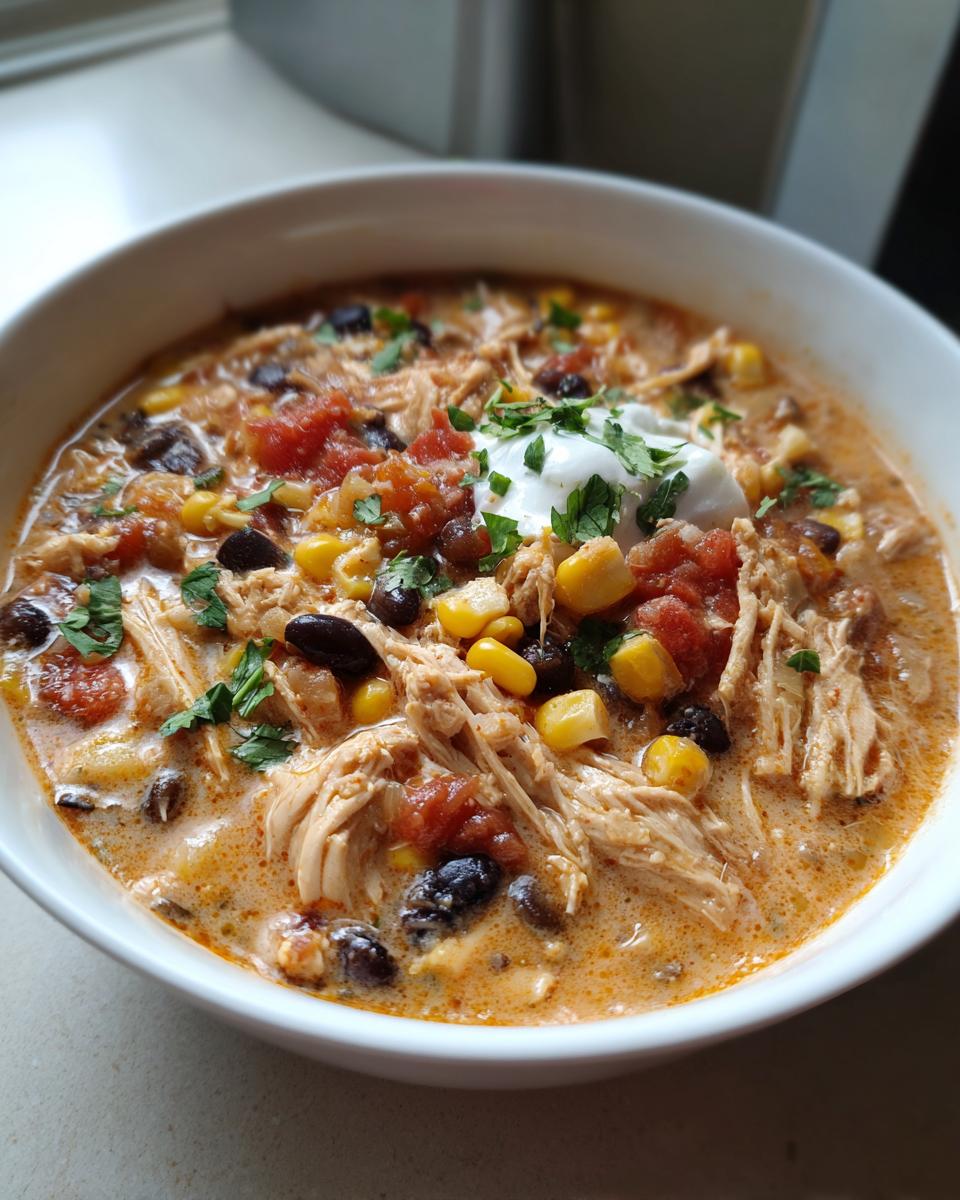 A close-up of a bowl of creamy chicken tortilla soup, topped with sour cream, cilantro, corn, black beans, and diced tomatoes.