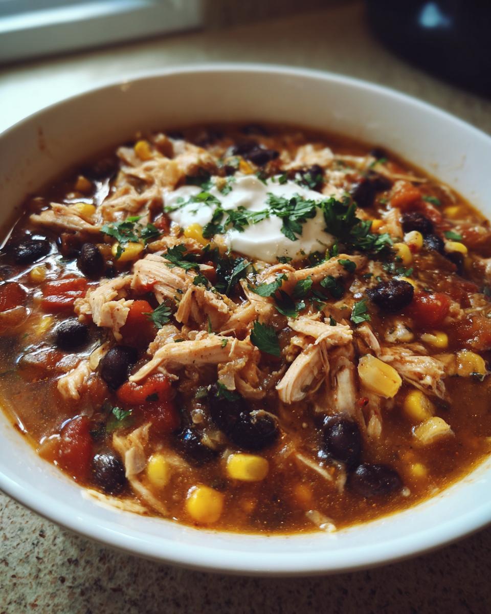 A close-up of a bowl of creamy chicken tortilla soup, topped with shredded chicken, sour cream, and cilantro.