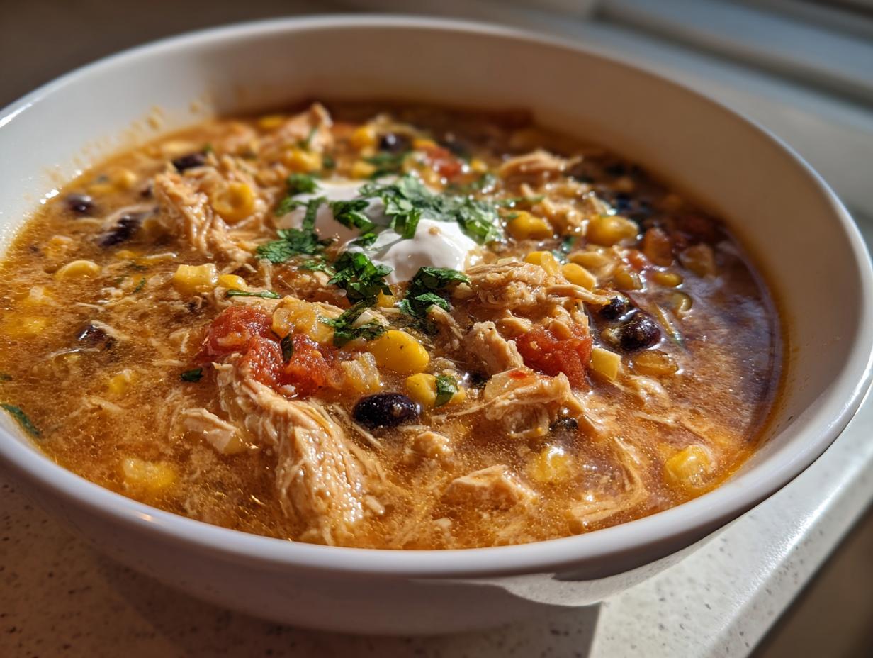 A close-up of a bowl of creamy chicken tortilla soup with shredded chicken, corn, black beans, and a dollop of sour cream.