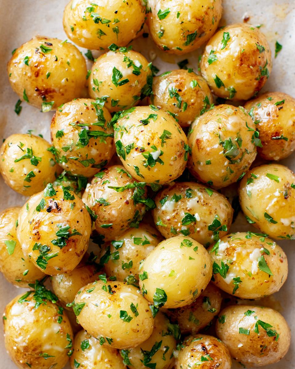 A close-up overhead view of a pile of perfectly cooked creamy garlic baby potatoes, glistening and sprinkled with fresh parsley.