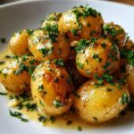 A close-up of a pile of golden-brown creamy garlic baby potatoes, generously sprinkled with fresh parsley.