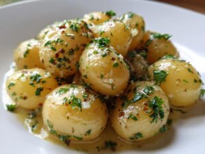 A close-up of a pile of creamy garlic baby potatoes, glistening with sauce and sprinkled with fresh parsley and chili flakes.