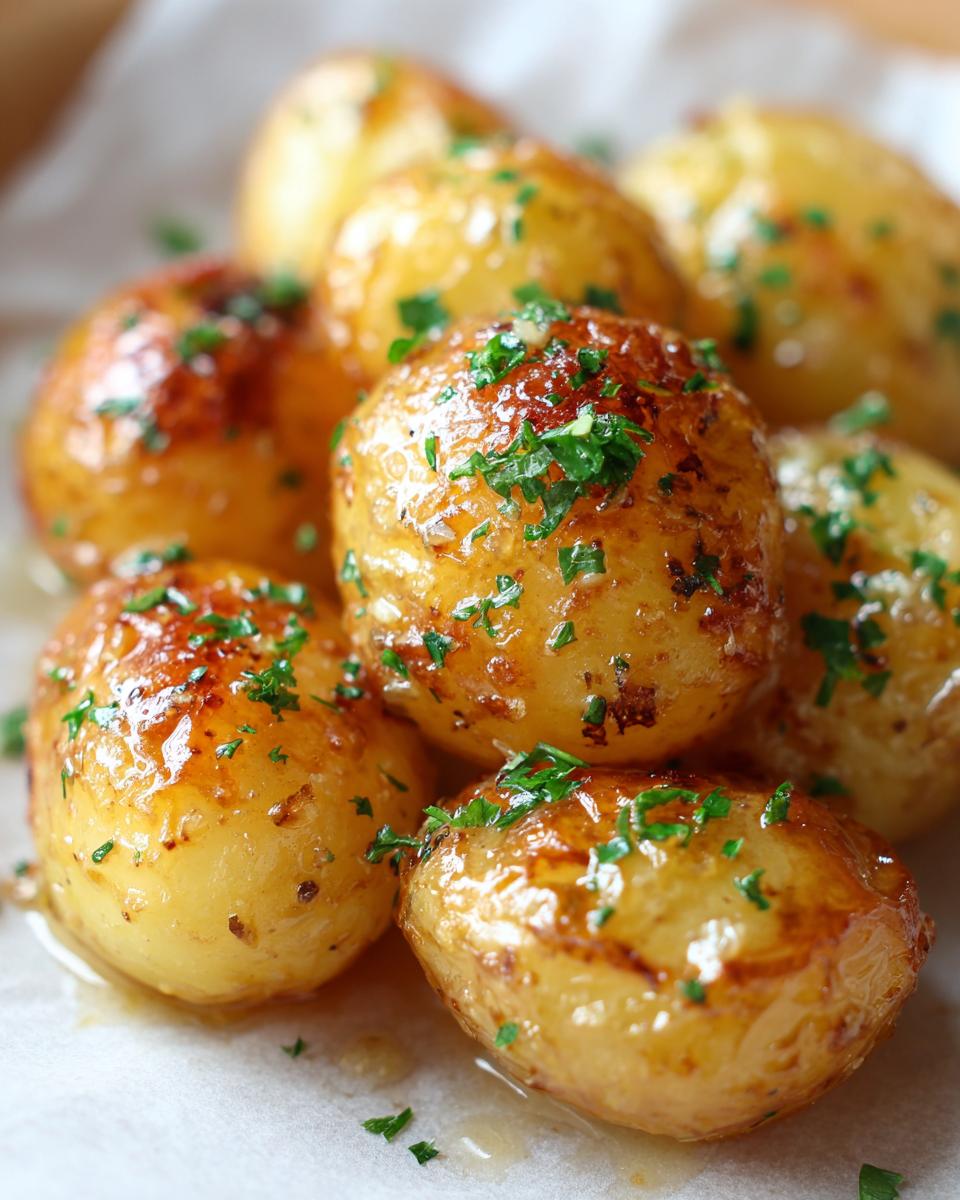 Close-up of glistening creamy garlic baby potatoes, sprinkled with fresh parsley.