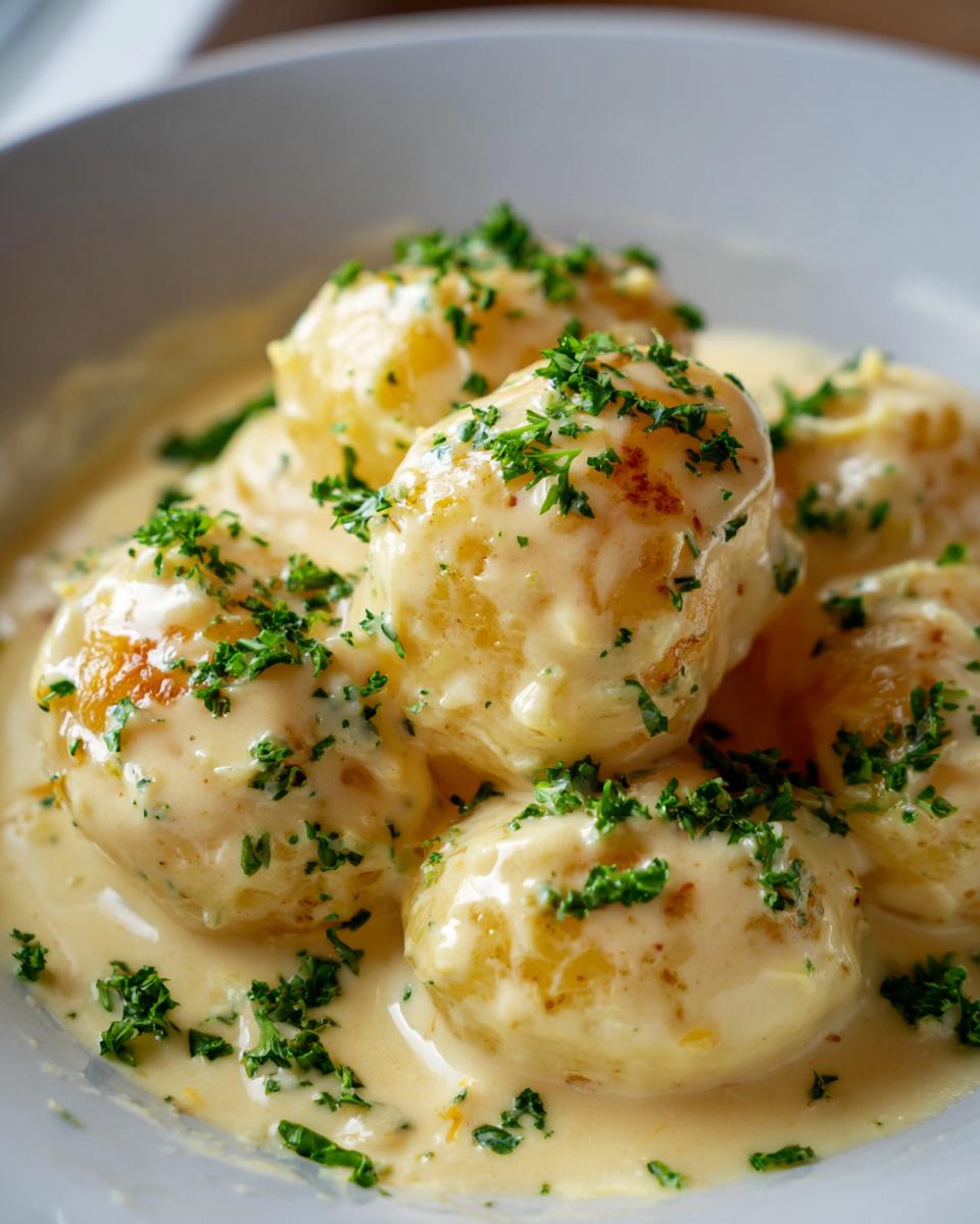 Close-up of creamy garlic baby potatoes in a rich sauce, garnished with fresh parsley.