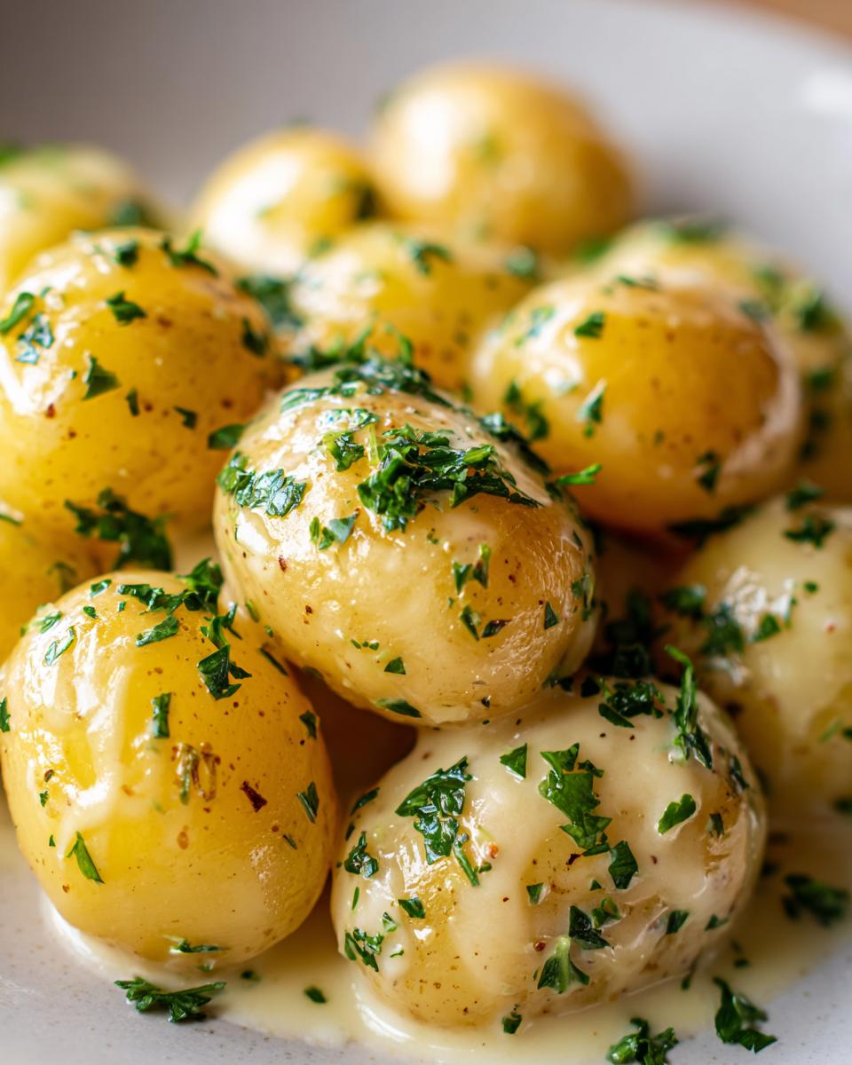 Close-up of tender creamy garlic baby potatoes generously topped with fresh chopped parsley.