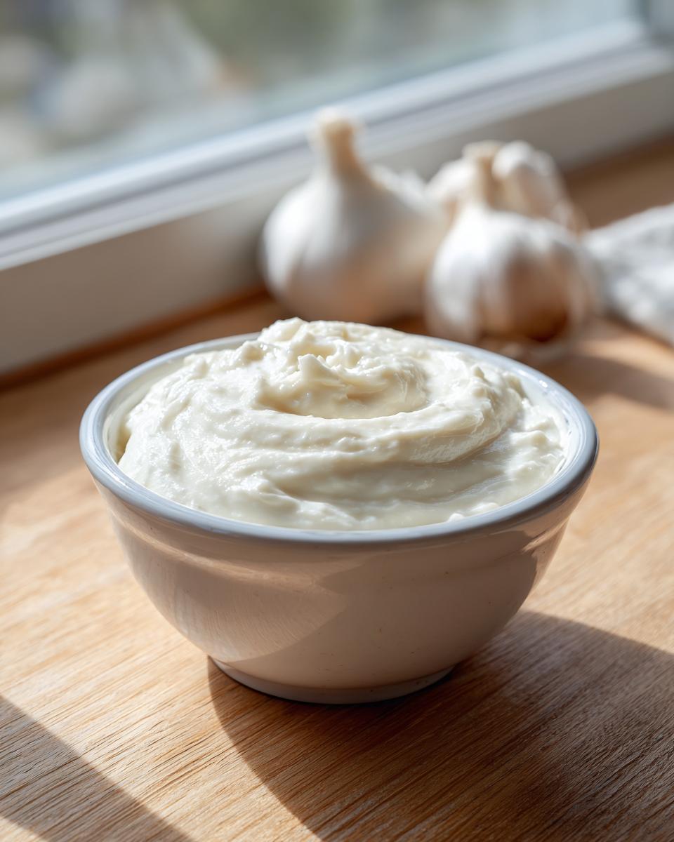 A small white bowl filled with thick, creamy garlic sauce, with whole garlic bulbs blurred in the background.