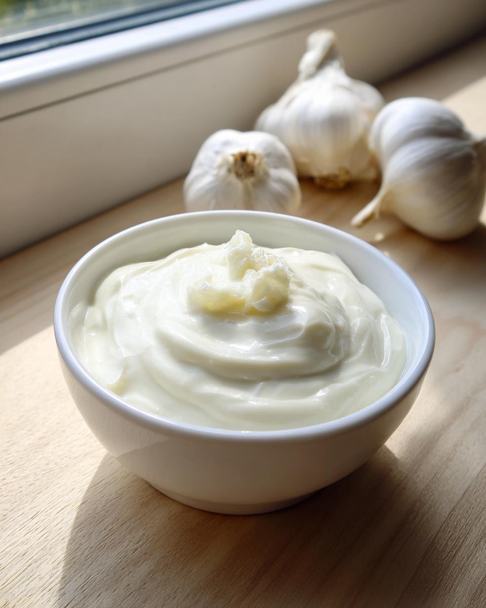 A white bowl filled with creamy garlic sauce, topped with minced garlic, with whole garlic bulbs in the background.