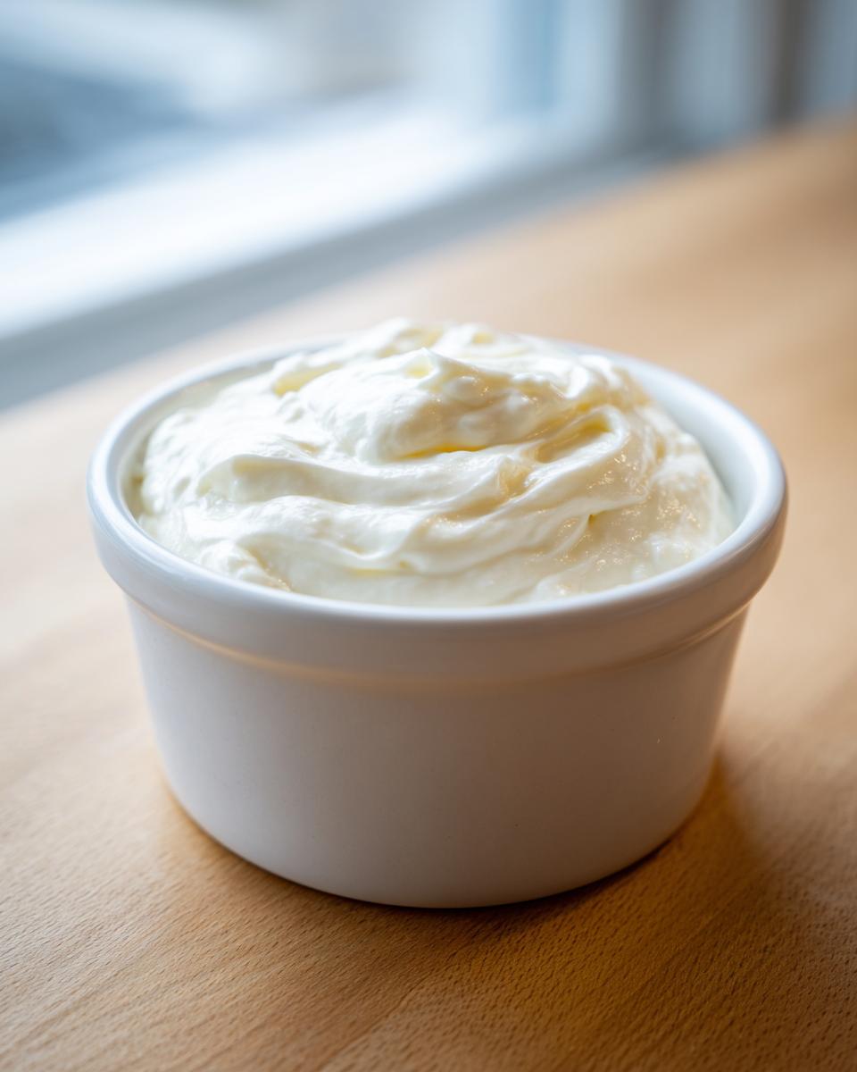 A small white ramekin filled with thick, creamy homemade garlic sauce, sitting on a wooden surface.
