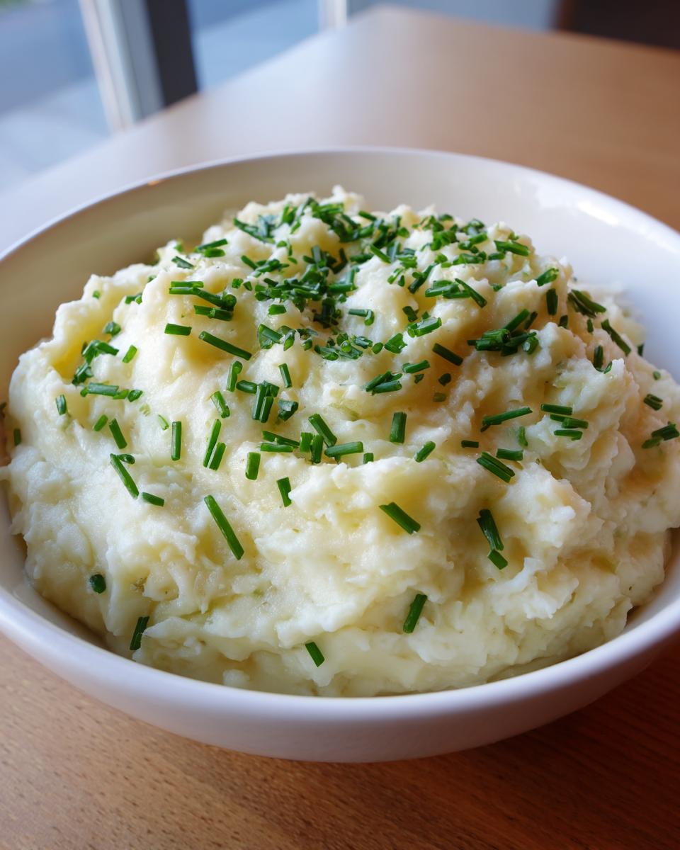 A white bowl filled with creamy mashed potatoes, likely representing the texture of high protein cream of potato soup, topped with fresh chives.