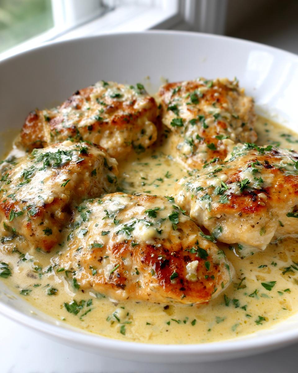 Close-up of seared chicken breasts smothered in a rich, creamy lemon chicken sauce and topped with fresh parsley.