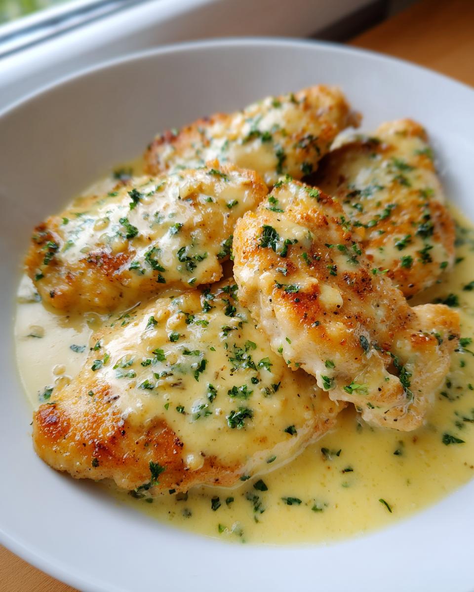Four golden-brown chicken cutlets smothered in a rich, creamy lemon sauce and topped with fresh parsley.