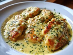 Close-up of pan-seared chicken breasts smothered in a rich, creamy lemon sauce and sprinkled with fresh parsley.