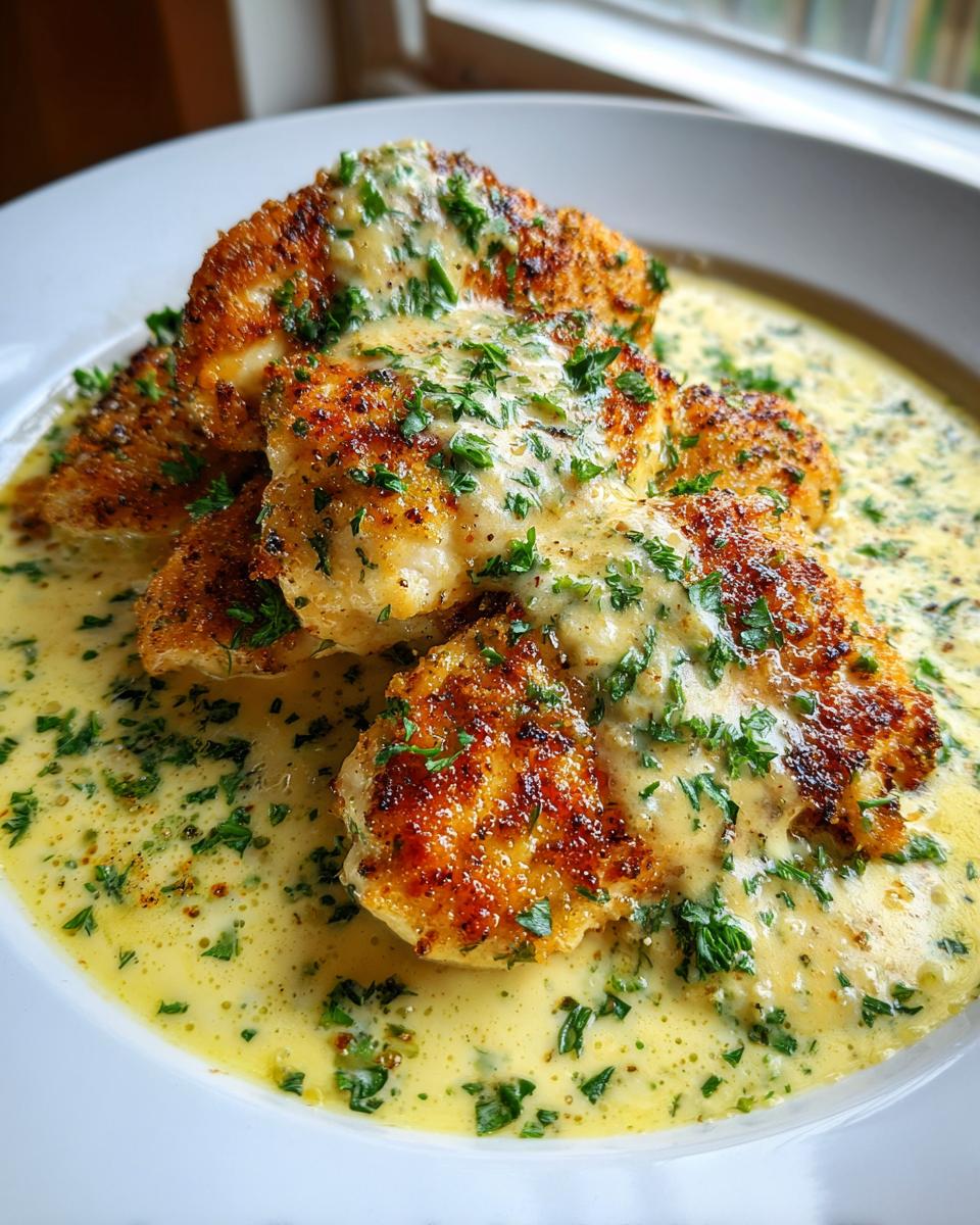 Three pieces of pan-seared chicken breasts covered in a rich, creamy lemon sauce and fresh parsley.