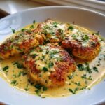 Four golden-brown chicken cutlets swimming in a rich, creamy lemon sauce and topped with fresh parsley.