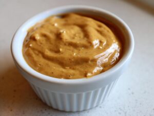Close-up of thick, creamy peanut sauce with visible specks, served in a small white fluted ramekin.