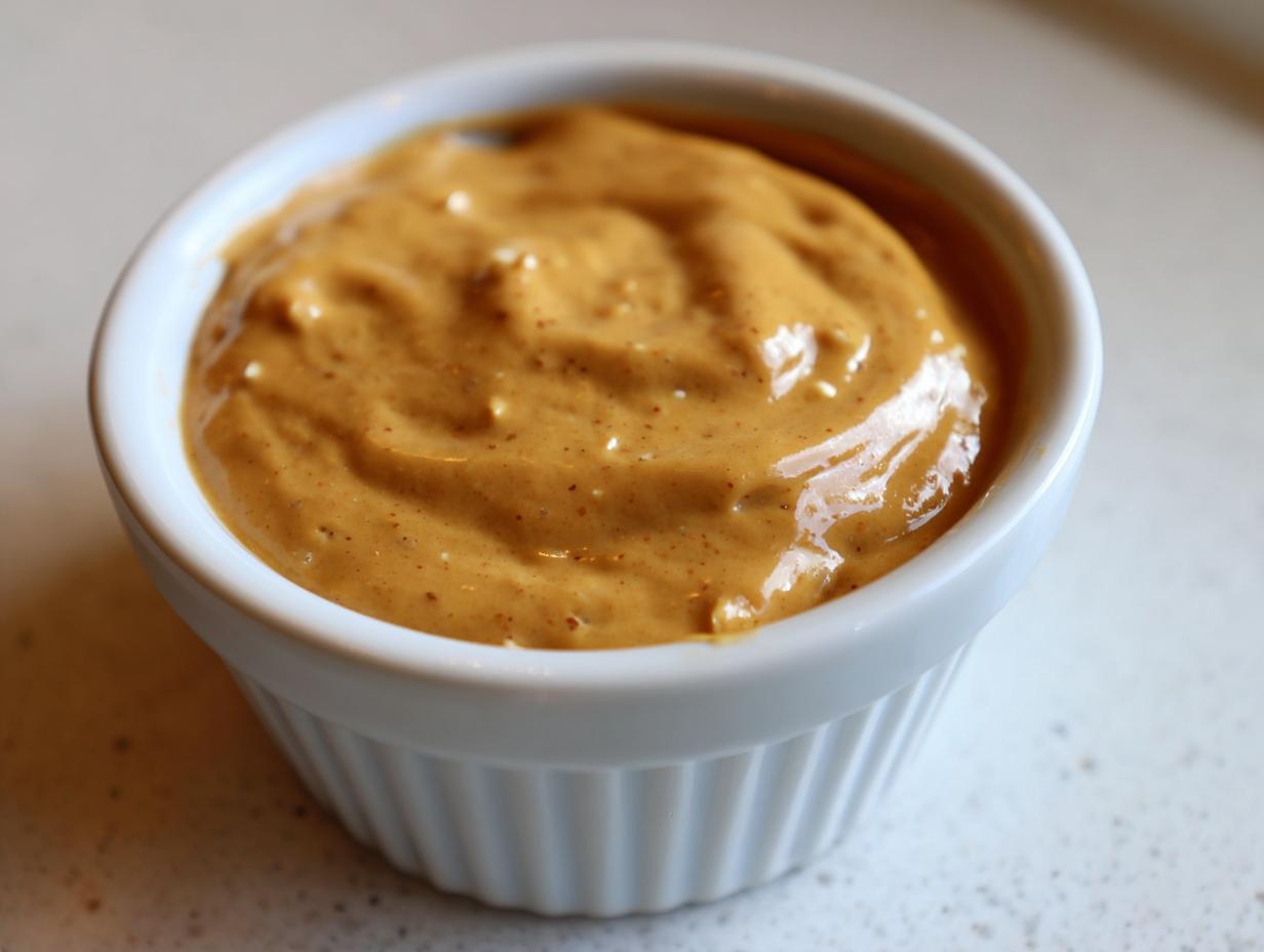 Close-up of thick, creamy peanut sauce with visible specks, served in a small white fluted ramekin.