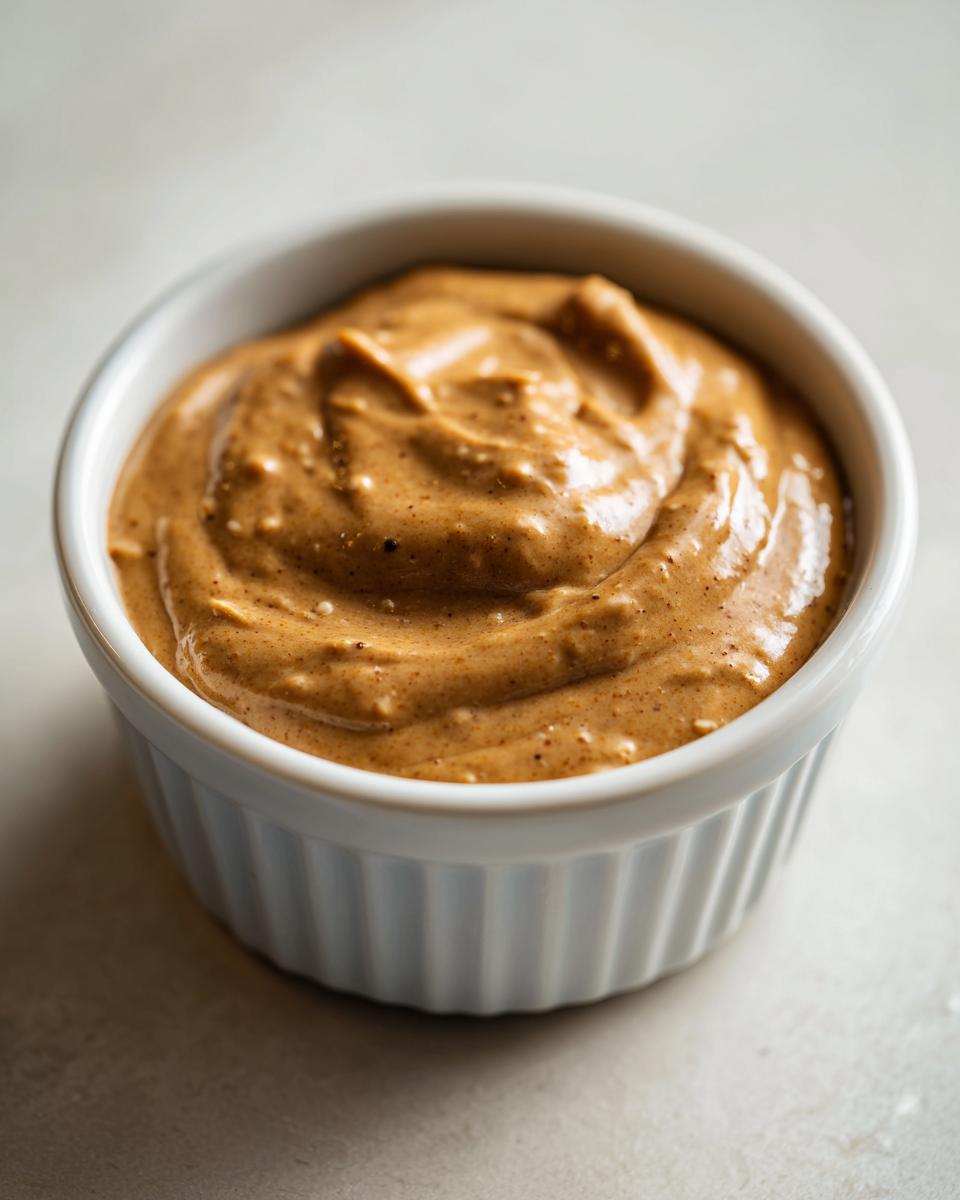 Close-up of thick, creamy peanut sauce swirled inside a small white fluted ramekin.