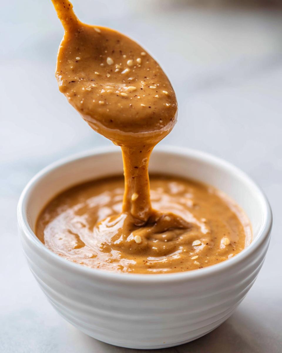 Close-up of thick, creamy peanut sauce dripping from a spoon back into a white bowl.