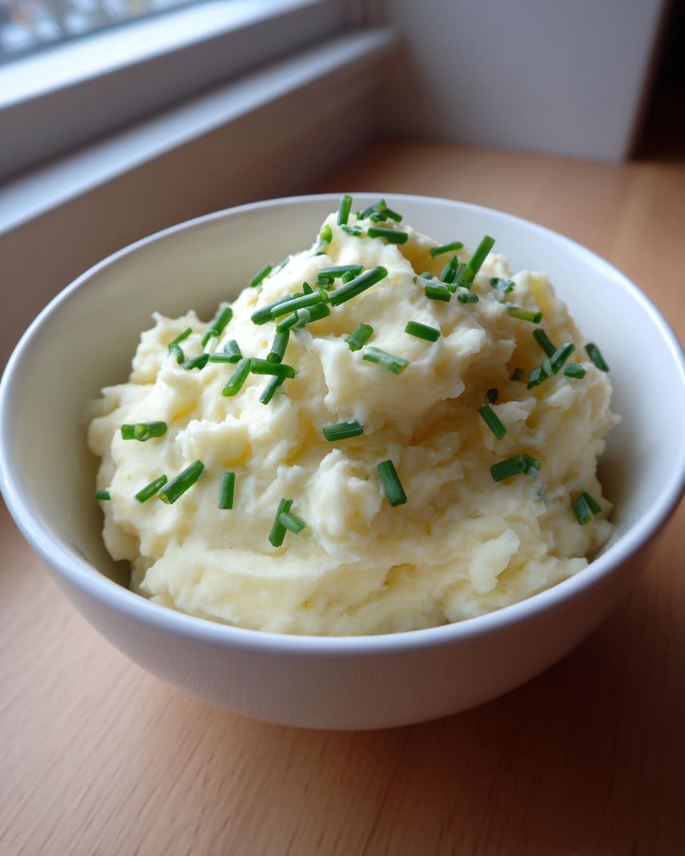 A white bowl filled with creamy mashed potatoes, garnished with fresh green chives, resembling a component of high protein cream of potato soup.