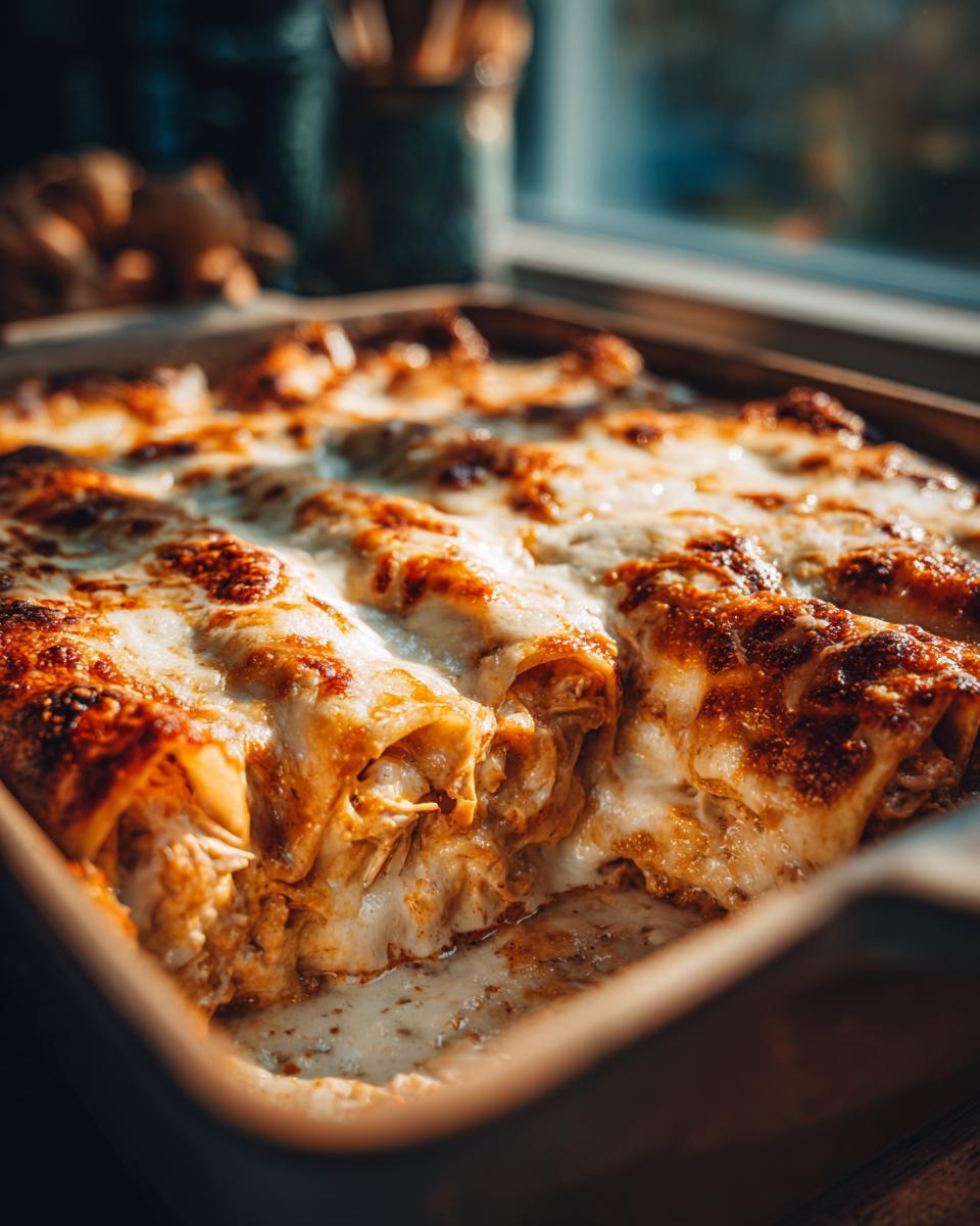 Close-up of baked creamy queso chicken enchiladas bubbling in a casserole dish with golden-brown melted cheese.