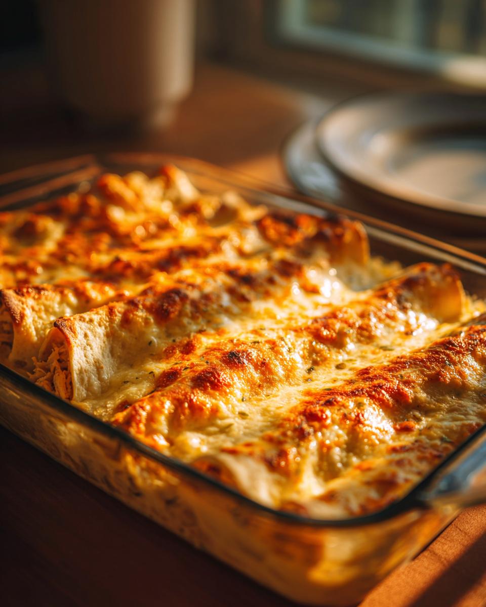 Close-up of freshly baked creamy queso chicken enchiladas bubbling in a glass baking dish.