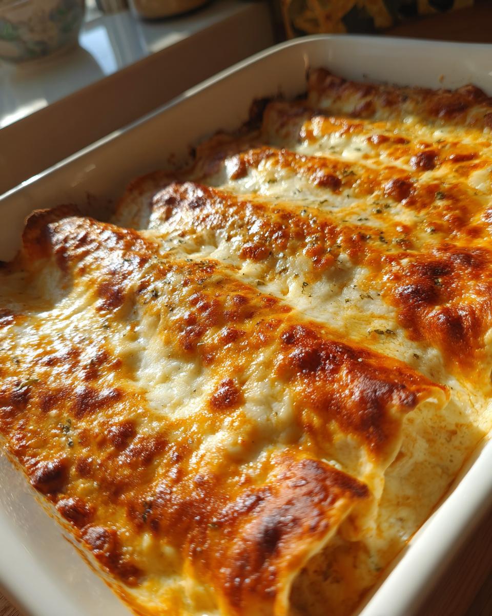 Close-up of freshly baked creamy queso chicken enchiladas topped with bubbly, browned cheese.