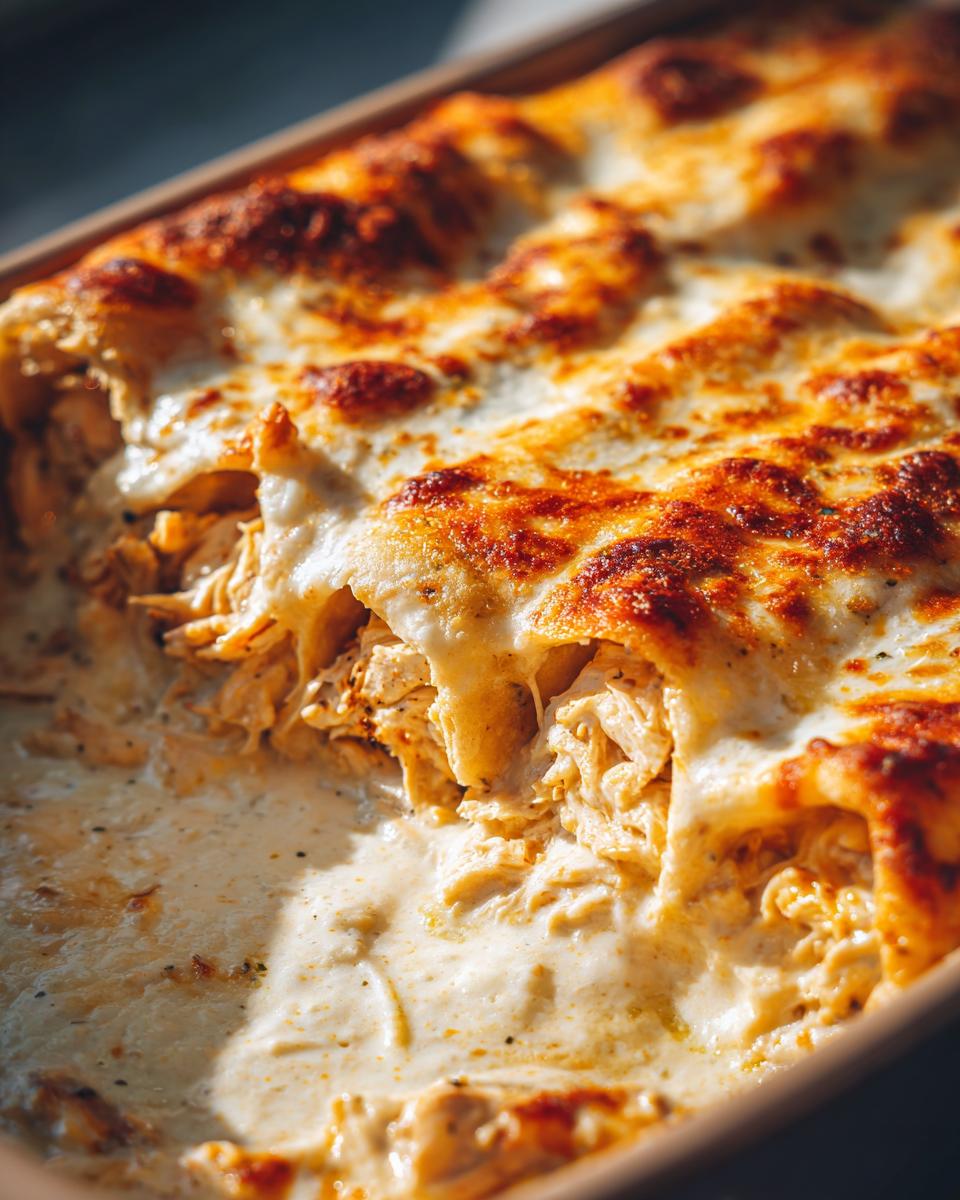 A close-up view of baked creamy queso chicken enchiladas overflowing with shredded chicken and rich cheese sauce.