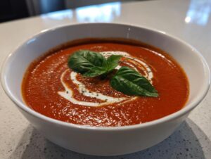 A bowl of vibrant creamy tomato soup topped with a swirl of cream, fresh basil leaves, and herbs.