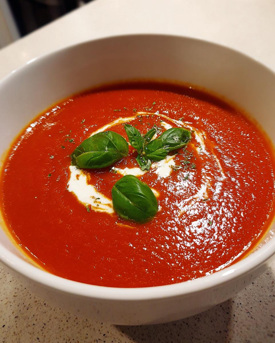 A close-up of a bowl of creamy tomato soup, garnished with a swirl of cream and fresh basil leaves.