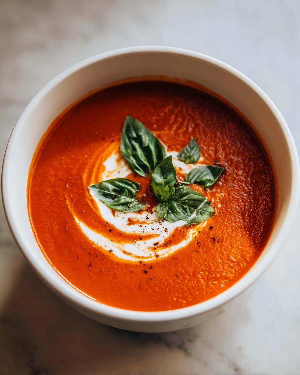 A close-up overhead view of a white bowl filled with vibrant creamy tomato soup, swirled with cream and garnished with fresh basil leaves and cracked black pepper.