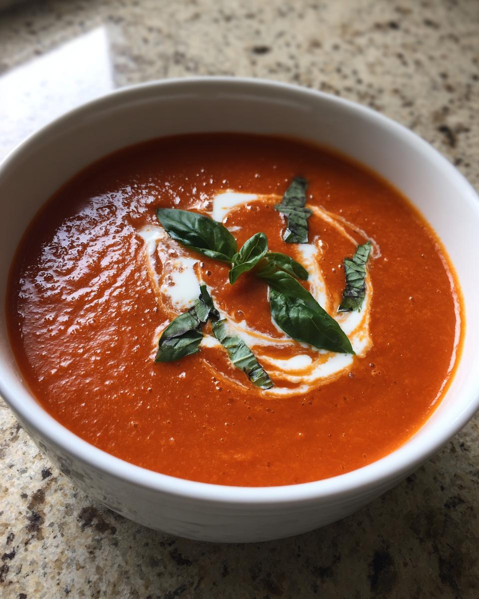 A close-up of a bowl of creamy tomato soup, swirled with cream and garnished with fresh basil leaves.