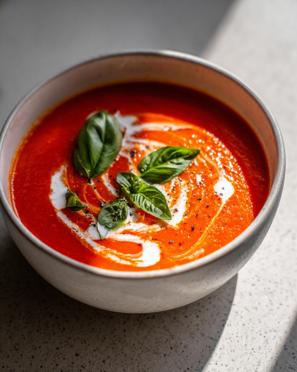 A bowl of vibrant creamy tomato soup topped with a swirl of cream, fresh basil leaves, and cracked black pepper.