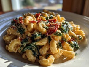 A close-up of creamy Tuscan mac and cheese featuring elbow macaroni, wilted spinach, and sun-dried tomatoes on a white plate.