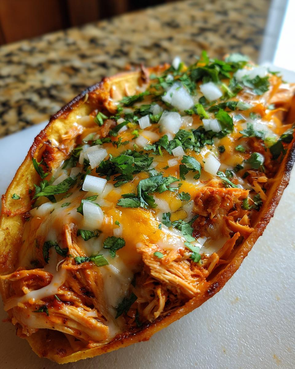Close-up of a crispy chicken taco filled with shredded chicken, melted cheese, and topped with diced onions and cilantro.