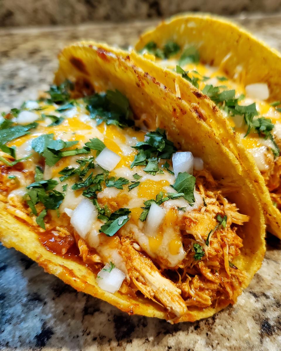 Close-up of two crispy chicken tacos, generously filled with shredded chicken, melted cheese, and topped with diced onions and cilantro.