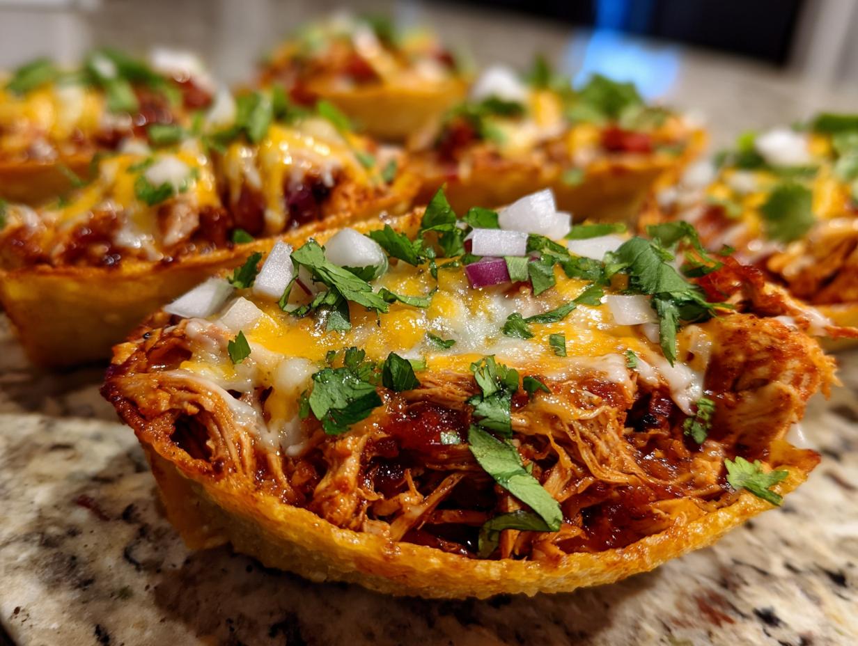 Close-up of crispy chicken tacos filled with shredded chicken, melted cheese, onions, and cilantro.