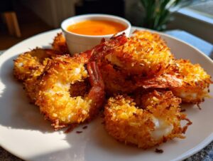 A plate of perfectly fried, golden brown coconut shrimp served with a side of sweet chili dipping sauce.