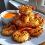 A pile of golden brown, crispy coconut shrimp served on a white plate next to a small bowl of orange dipping sauce.