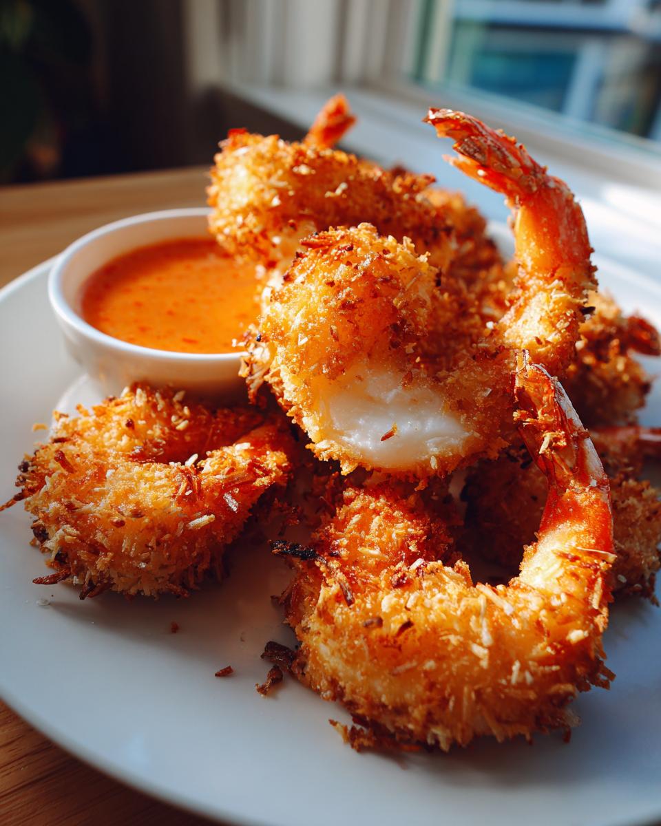 A plate of golden brown, crispy coconut shrimp with one piece broken open to show the white shrimp inside, served with orange dipping sauce.