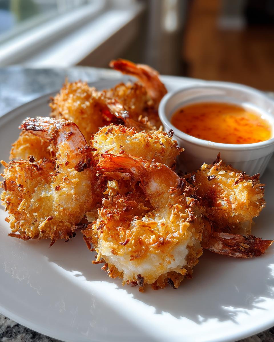 A plate of perfectly golden, crispy coconut shrimp served with a small cup of sweet chili dipping sauce.