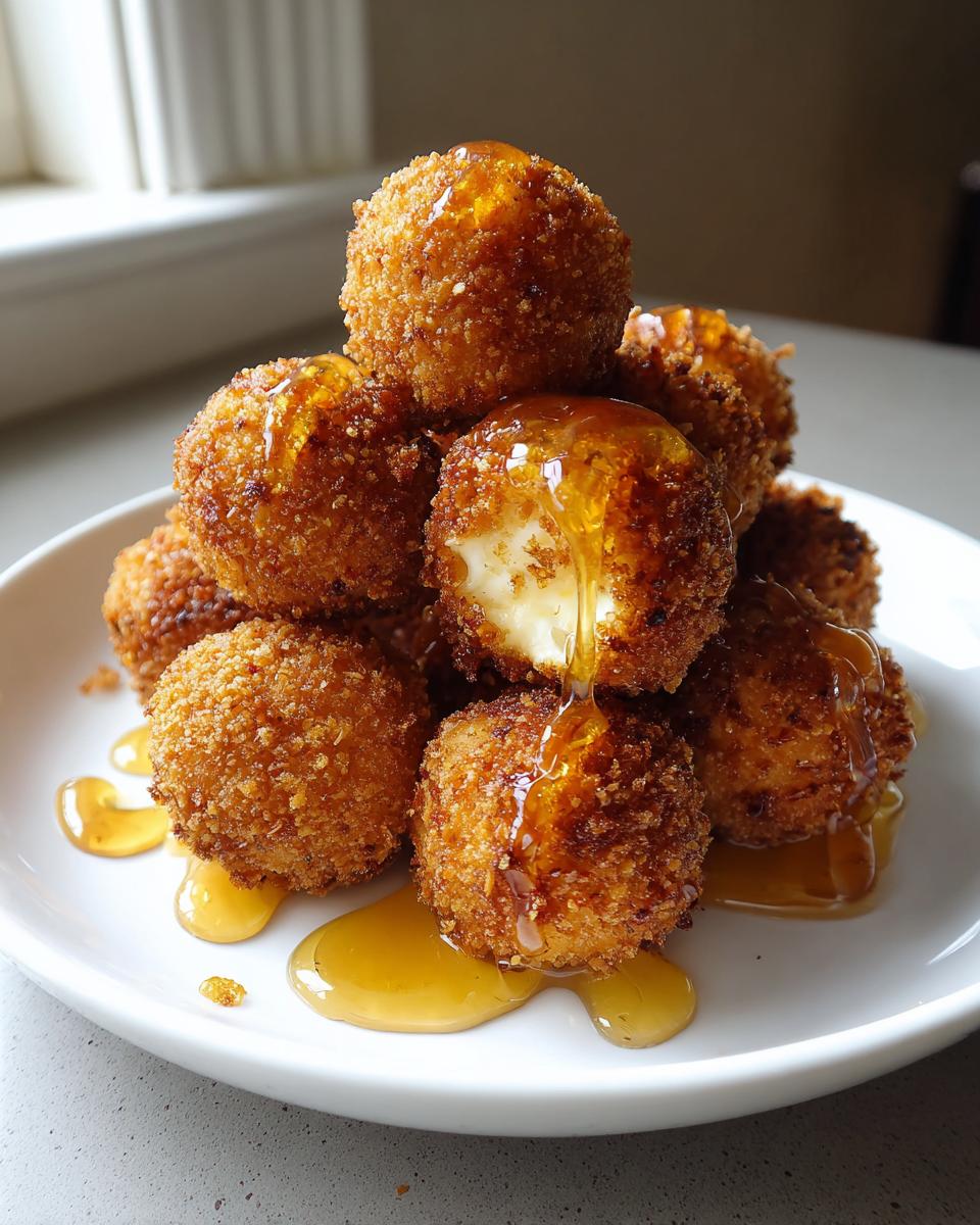 A stack of crispy, golden-brown goat cheese balls drizzled generously with honey on a white plate.