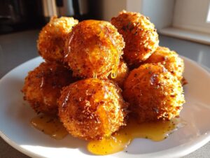 A stack of crispy, golden fried goat cheese balls drizzled generously with golden honey.